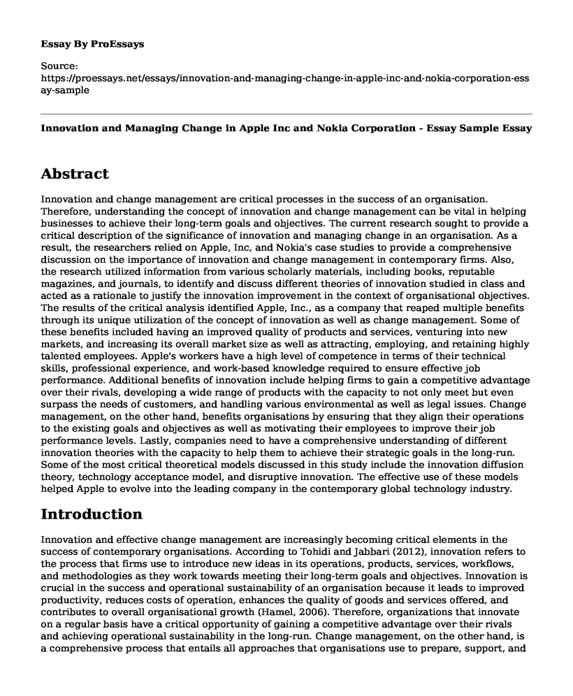 Innovation and Managing Change in Apple Inc and Nokia Corporation - Essay Sample