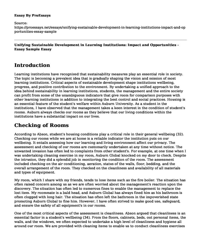 Unifying Sustainable Development in Learning Institutions: Impact and Opportunities - Essay Sample