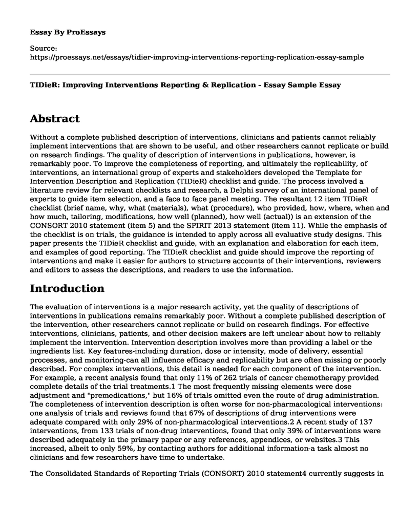 TIDieR: Improving Interventions Reporting & Replication - Essay Sample