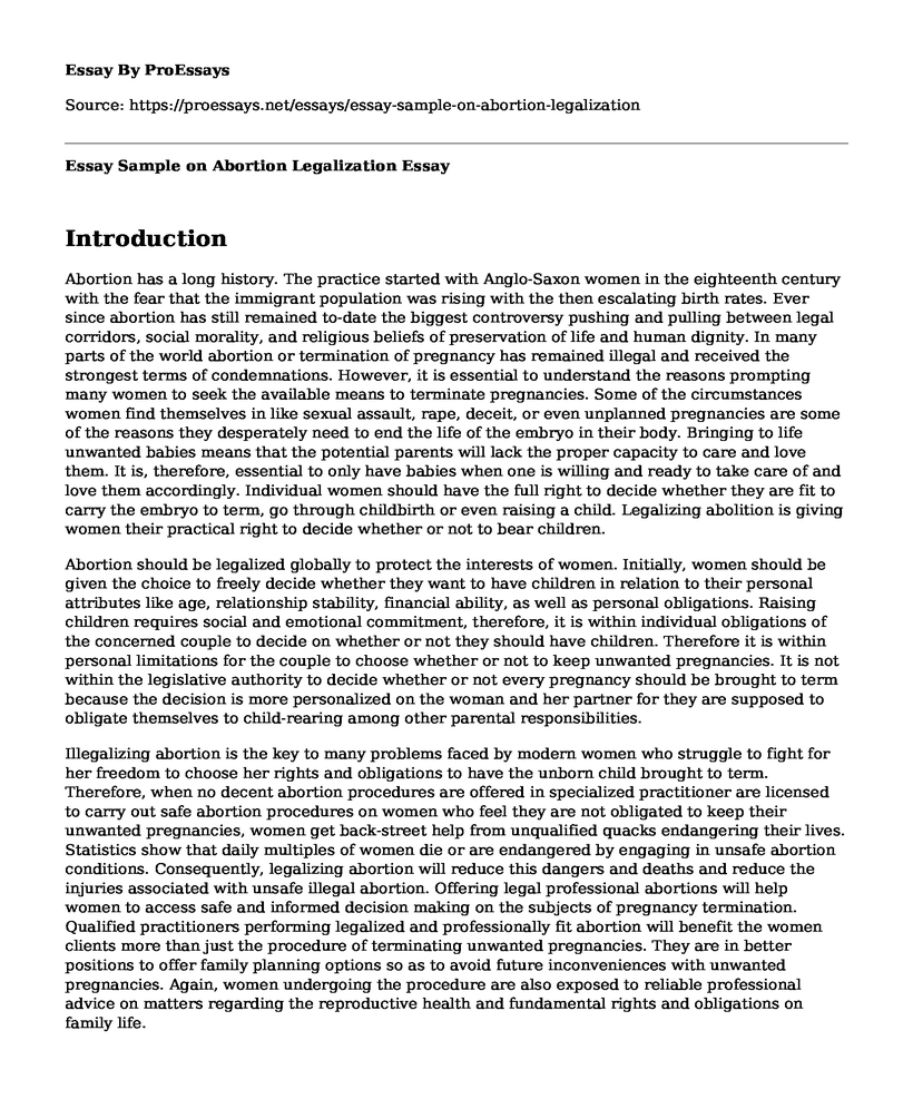 Essay Sample on Abortion Legalization