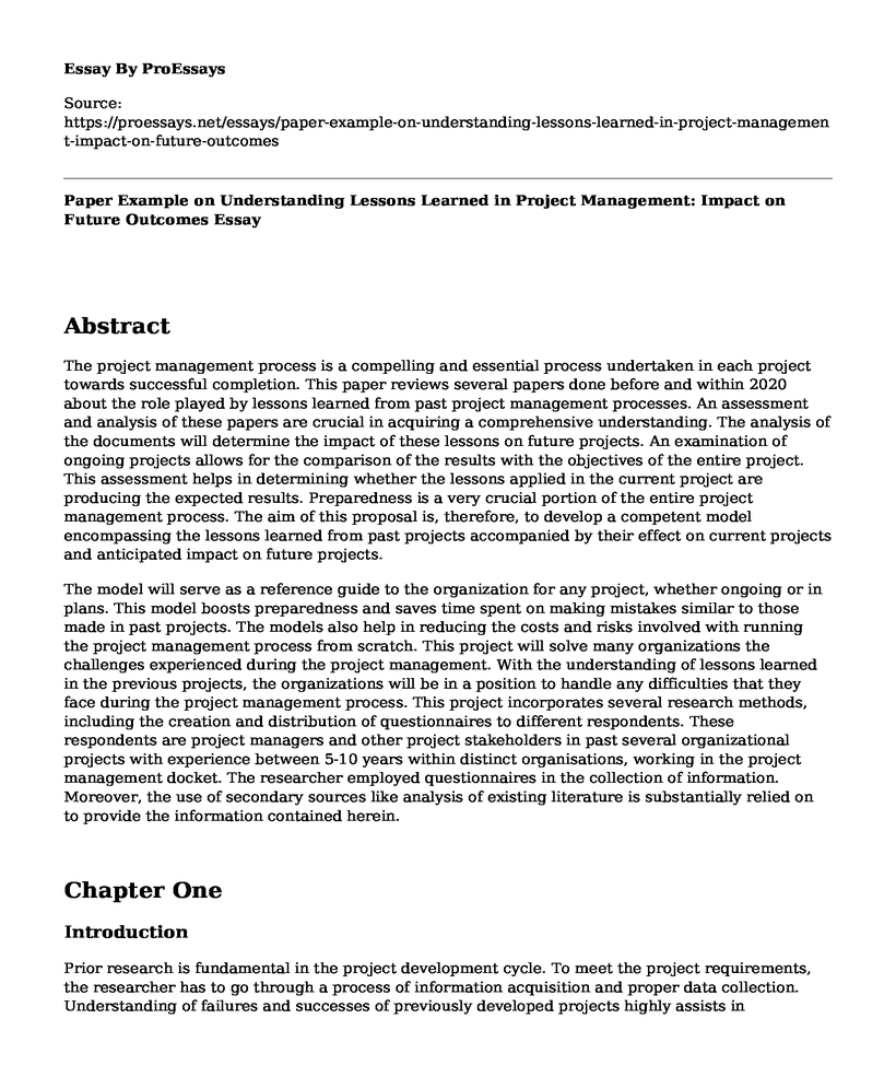 Paper Example on Understanding Lessons Learned in Project Management: Impact on Future Outcomes