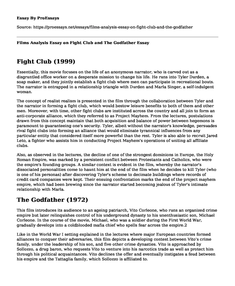Films Analysis Essay on Fight Club and The Godfather