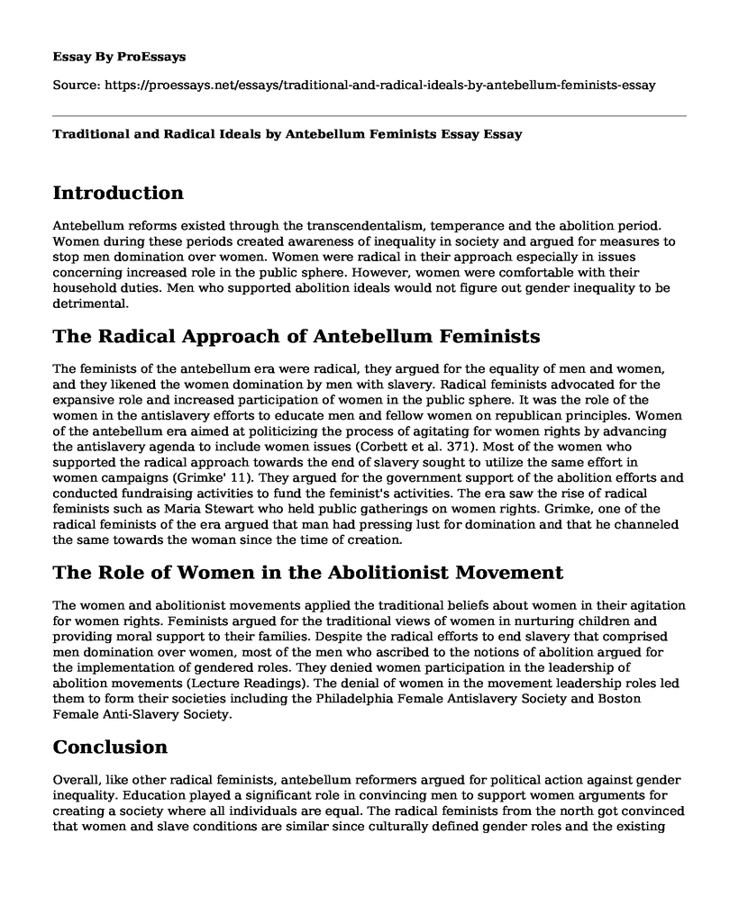 Traditional and Radical Ideals by Antebellum Feminists Essay