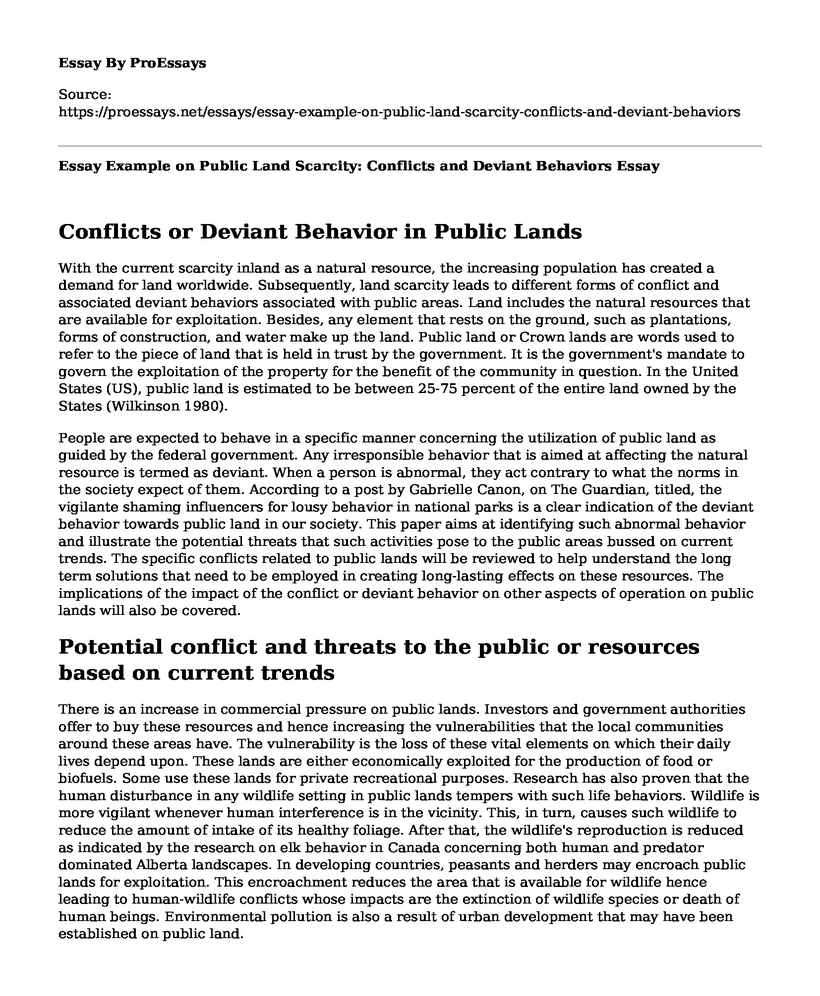 Essay Example on Public Land Scarcity: Conflicts and Deviant Behaviors