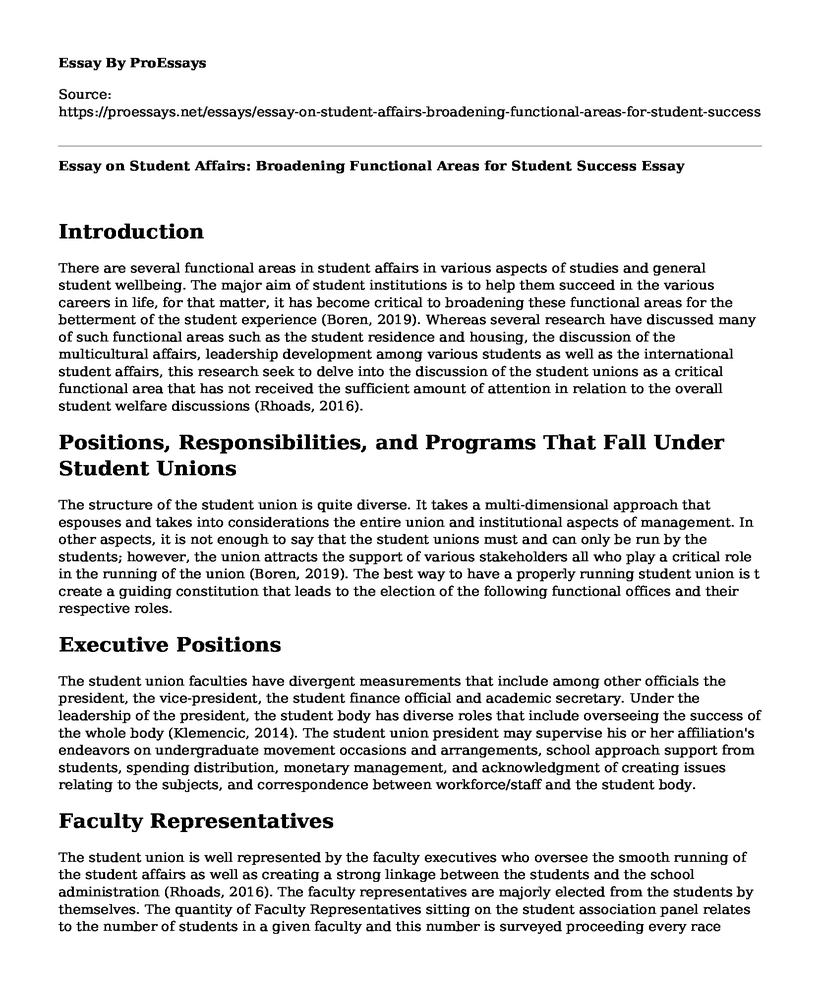 Essay on Student Affairs: Broadening Functional Areas for Student Success