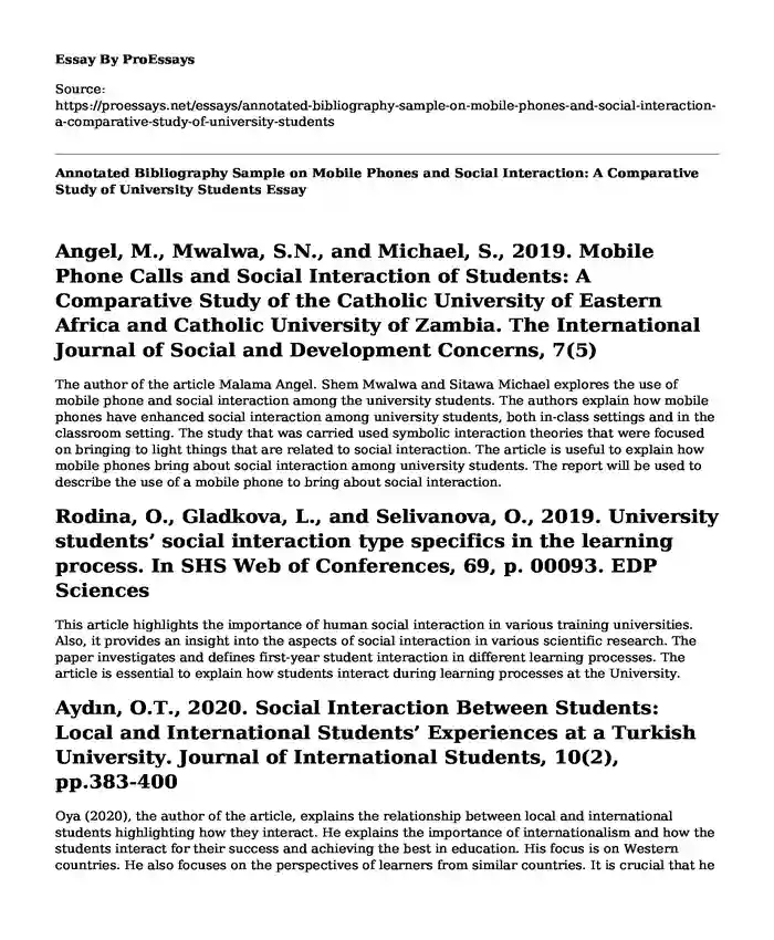 Annotated Bibliography Sample on Mobile Phones and Social Interaction: A Comparative Study of University Students