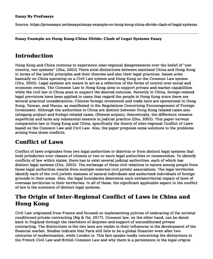 Essay Example on Hong Kong-China Divide: Clash of Legal Systems