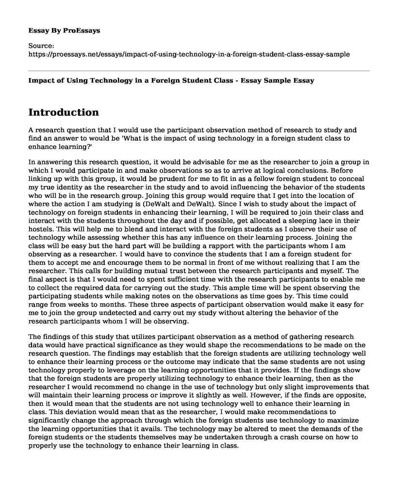 Impact of Using Technology in a Foreign Student Class - Essay Sample