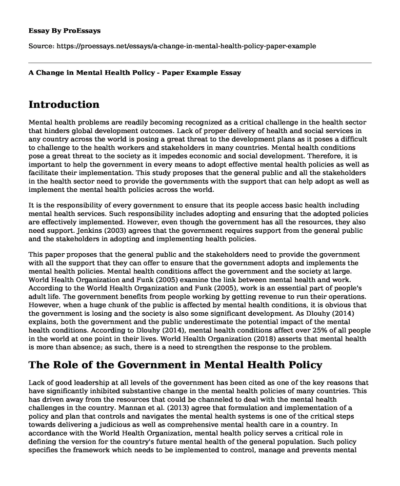 A Change in Mental Health Policy - Paper Example