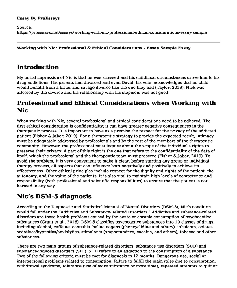 Working with Nic: Professional & Ethical Considerations - Essay Sample