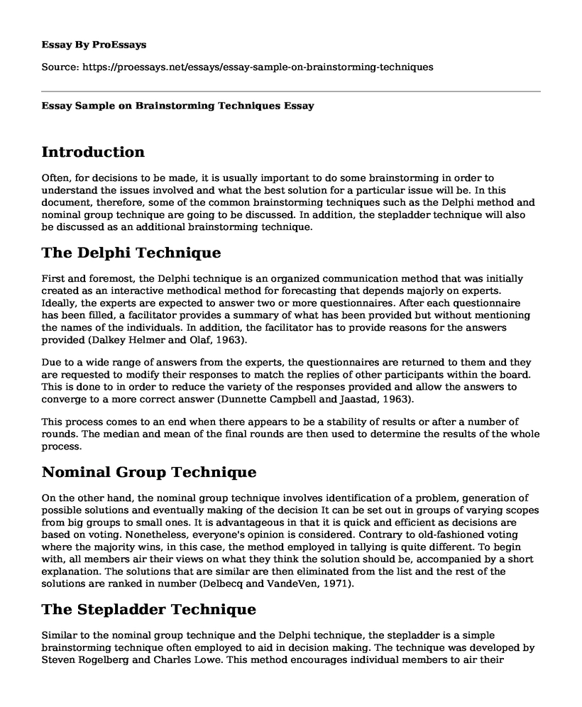 Essay Sample on Brainstorming Techniques