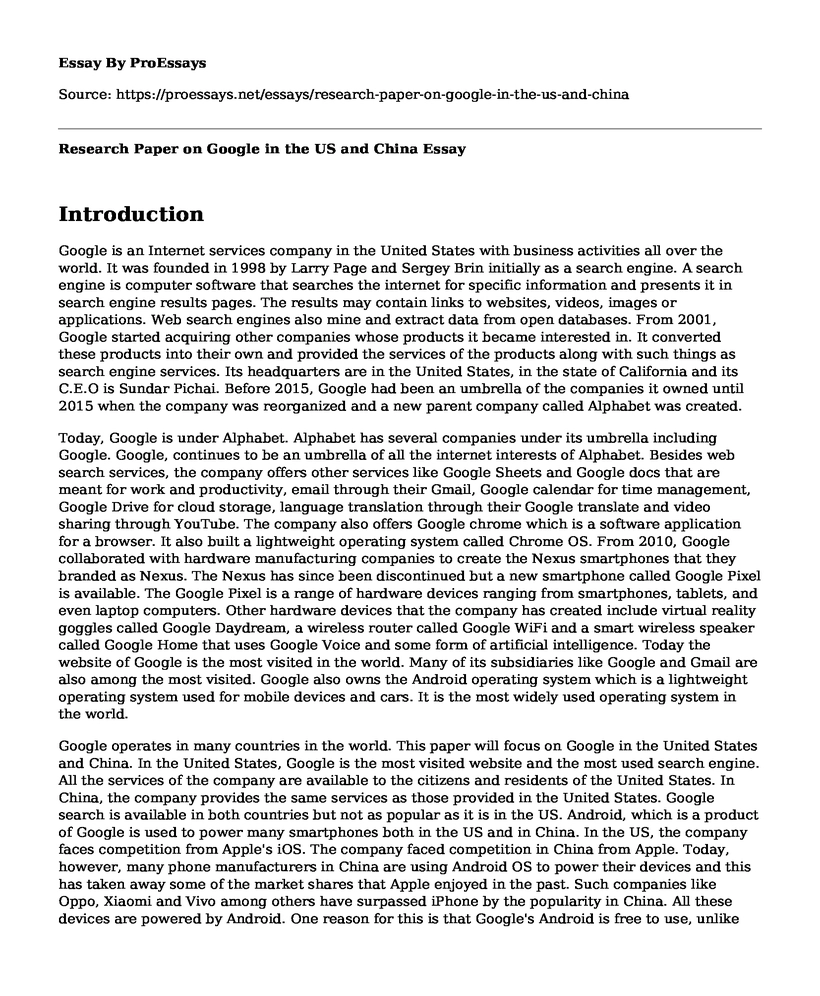 Research Paper on Google in the US and China