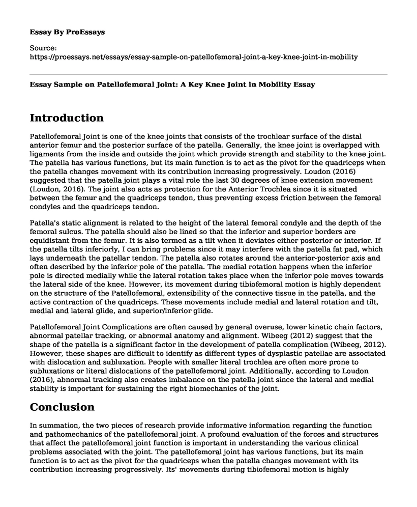 Essay Sample on Patellofemoral Joint: A Key Knee Joint in Mobility