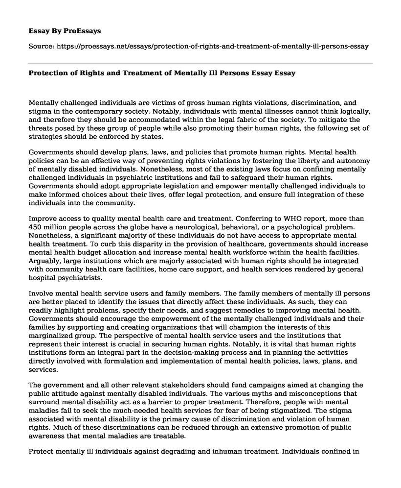 Protection of Rights and Treatment of Mentally Ill Persons Essay
