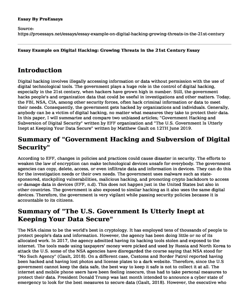 Essay Example on Digital Hacking: Growing Threats in the 21st Century