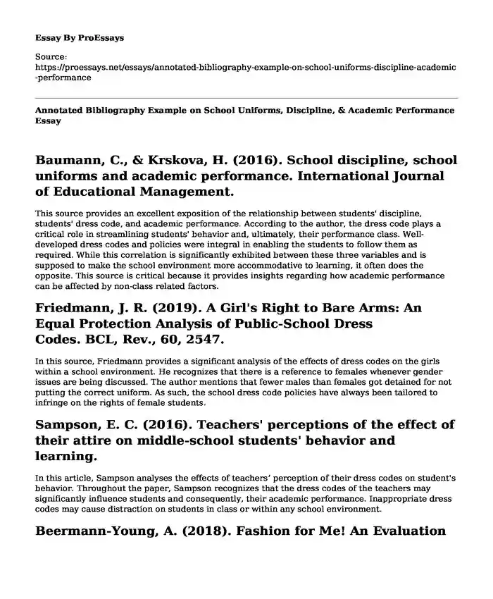 Annotated Bibliography Example on School Uniforms, Discipline, & Academic Performance