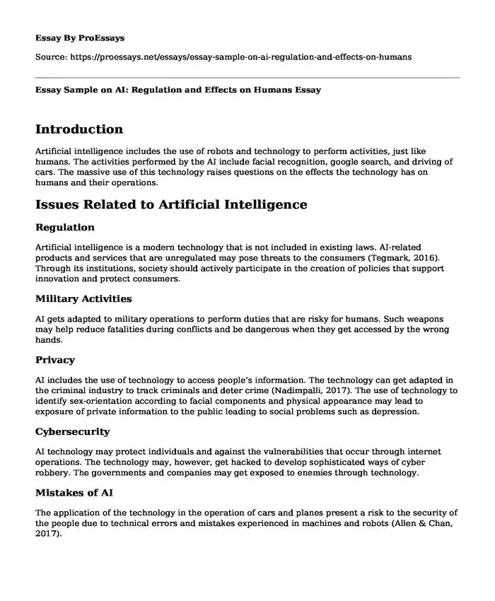 Essay Sample on AI: Regulation and Effects on Humans