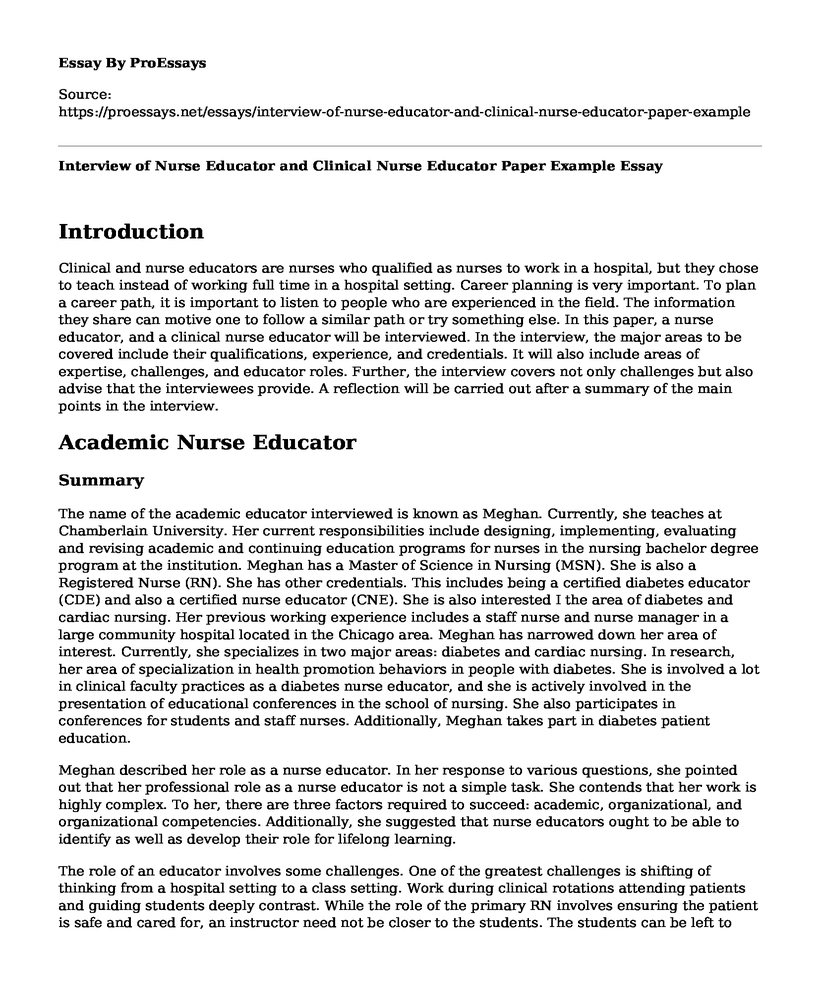 Interview of Nurse Educator and Clinical Nurse Educator Paper Example