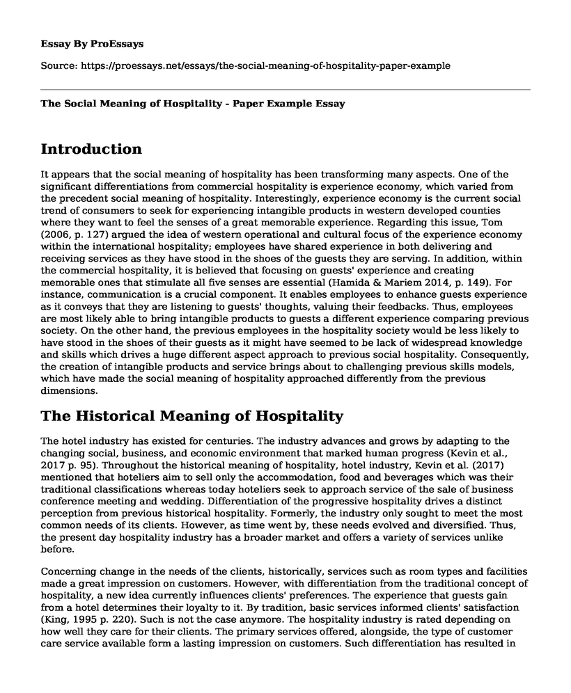The Social Meaning of Hospitality - Paper Example