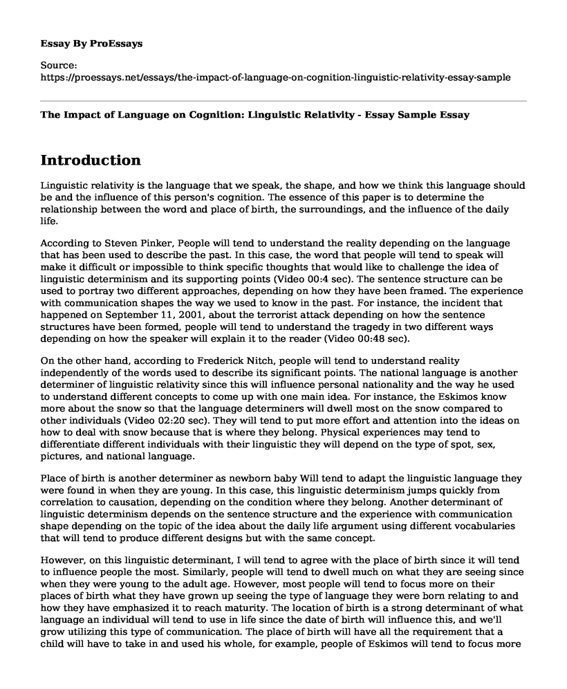 The Impact of Language on Cognition: Linguistic Relativity - Essay Sample