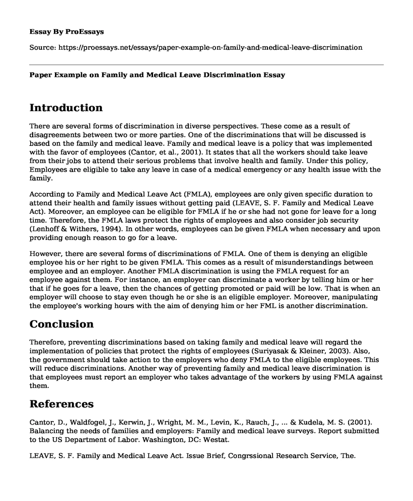 Paper Example on Family and Medical Leave Discrimination