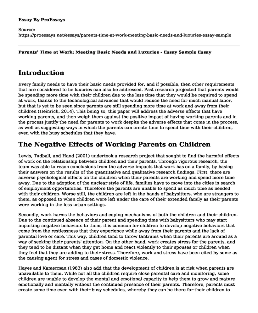 Parents' Time at Work: Meeting Basic Needs and Luxuries - Essay Sample