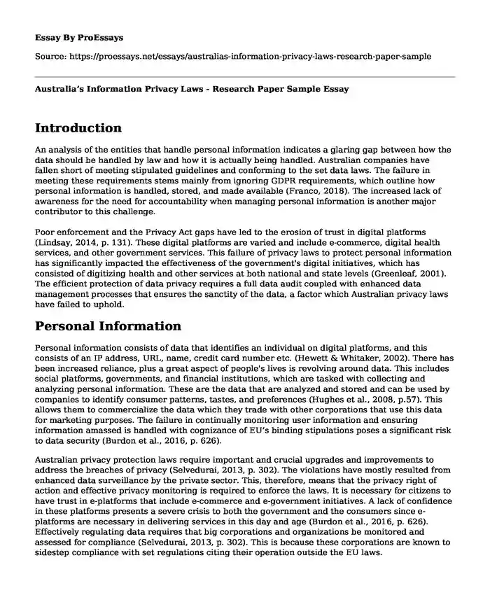 Australia's Information Privacy Laws - Research Paper Sample