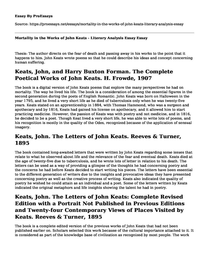 Mortality in the Works of John Keats - Literary Analysis Essay