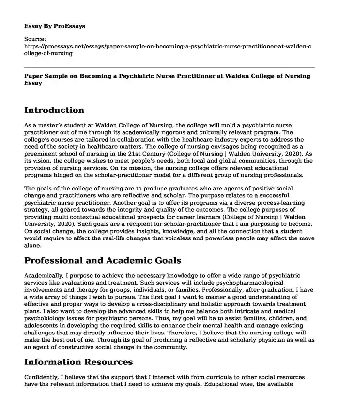 Paper Sample on Becoming a Psychiatric Nurse Practitioner at Walden College of Nursing