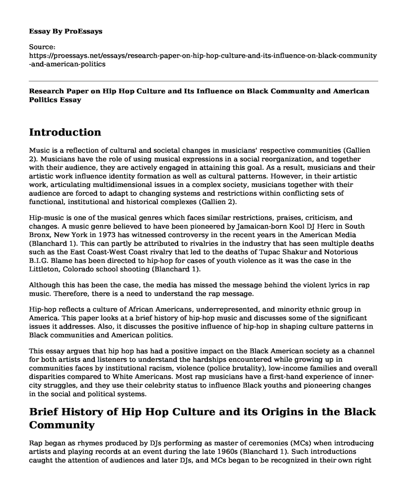 Research Paper on Hip Hop Culture and Its Influence on Black Community and American Politics