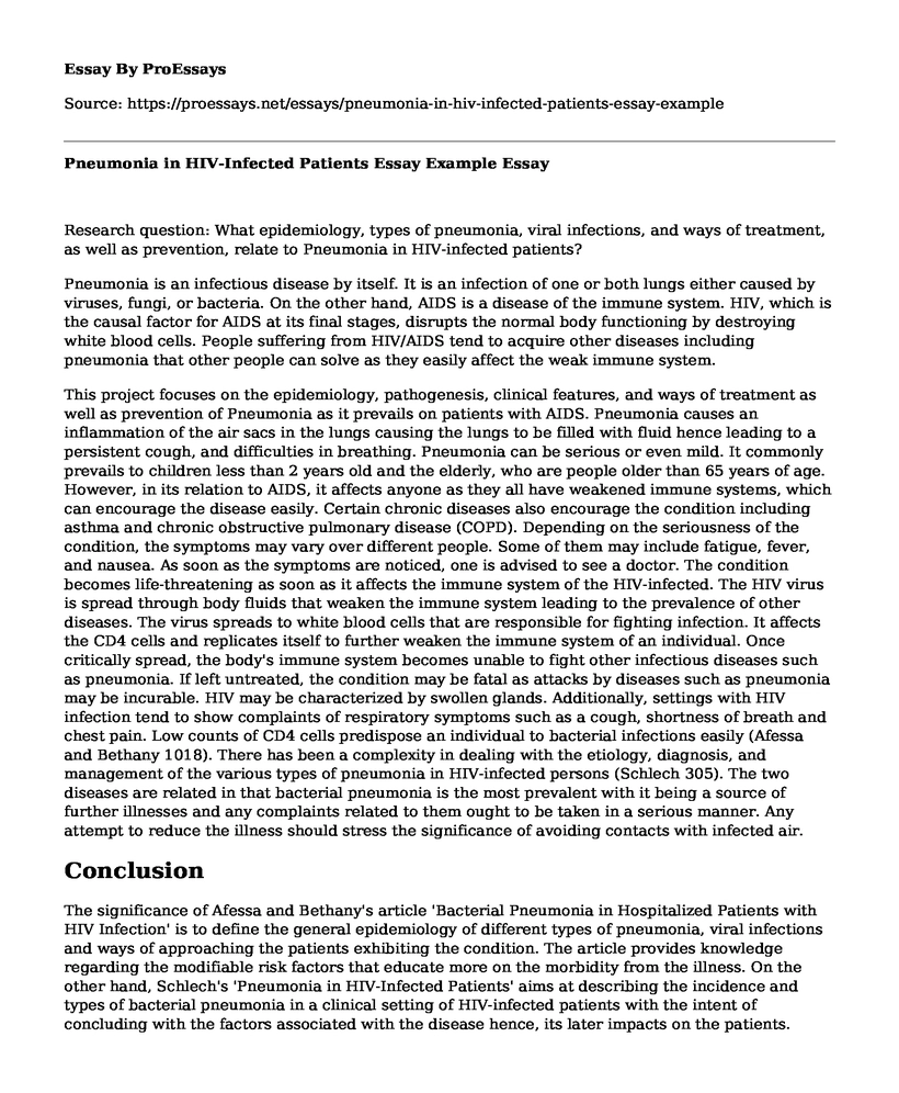 Pneumonia in HIV-Infected Patients Essay Example