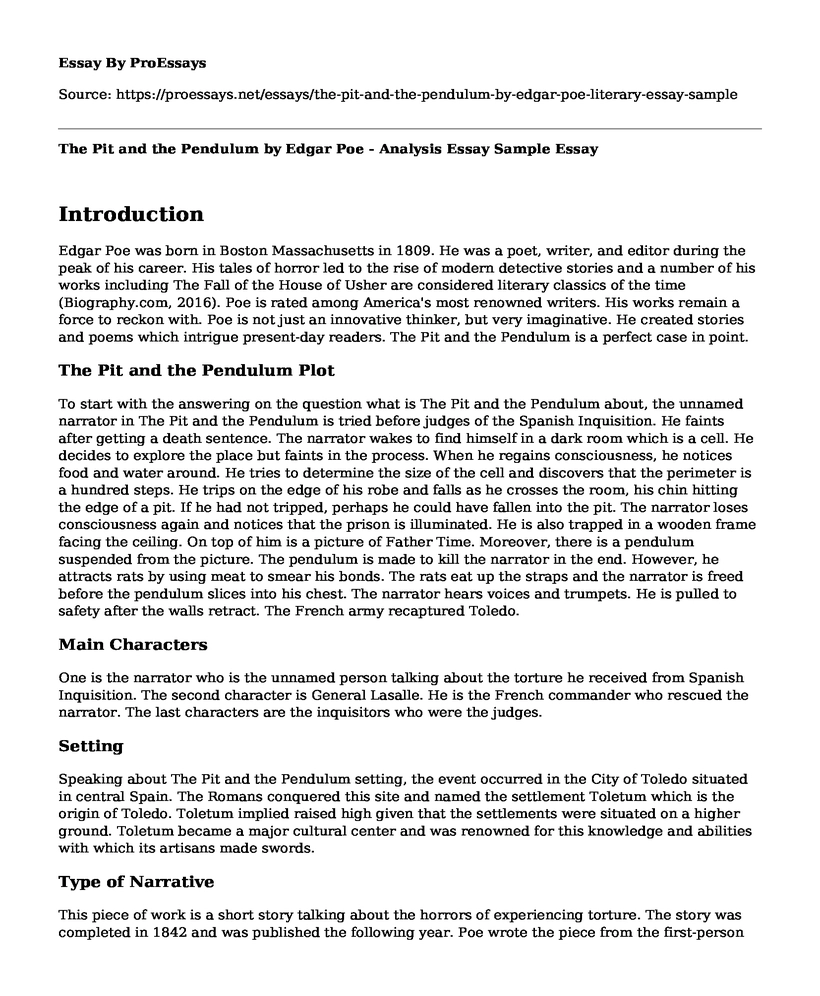 The Pit and the Pendulum by Edgar Poe - Analysis Essay Sample