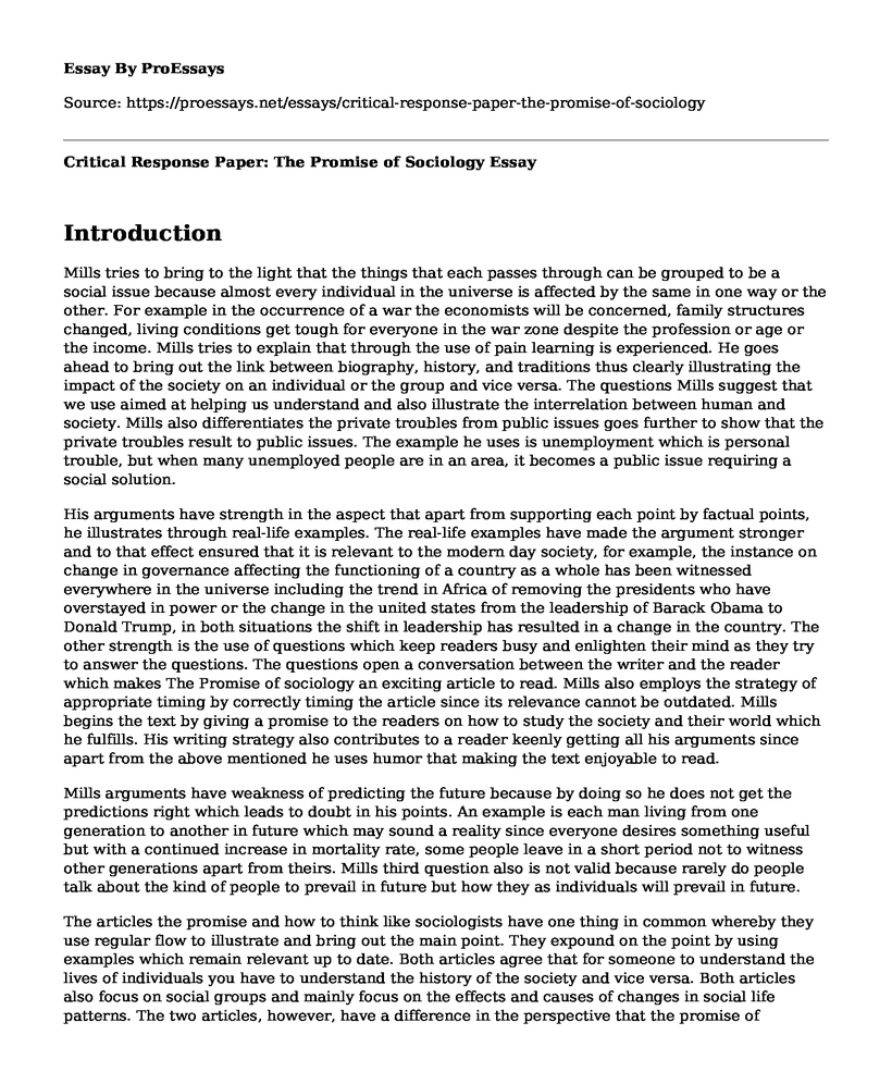 Critical Response Paper: The Promise of Sociology