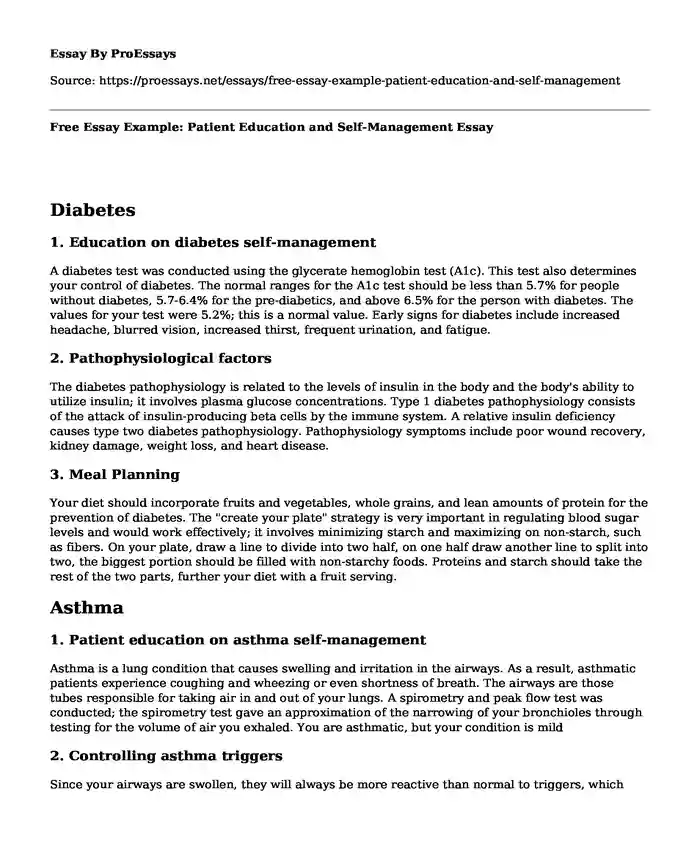 Free Essay Example: Patient Education and Self-Management