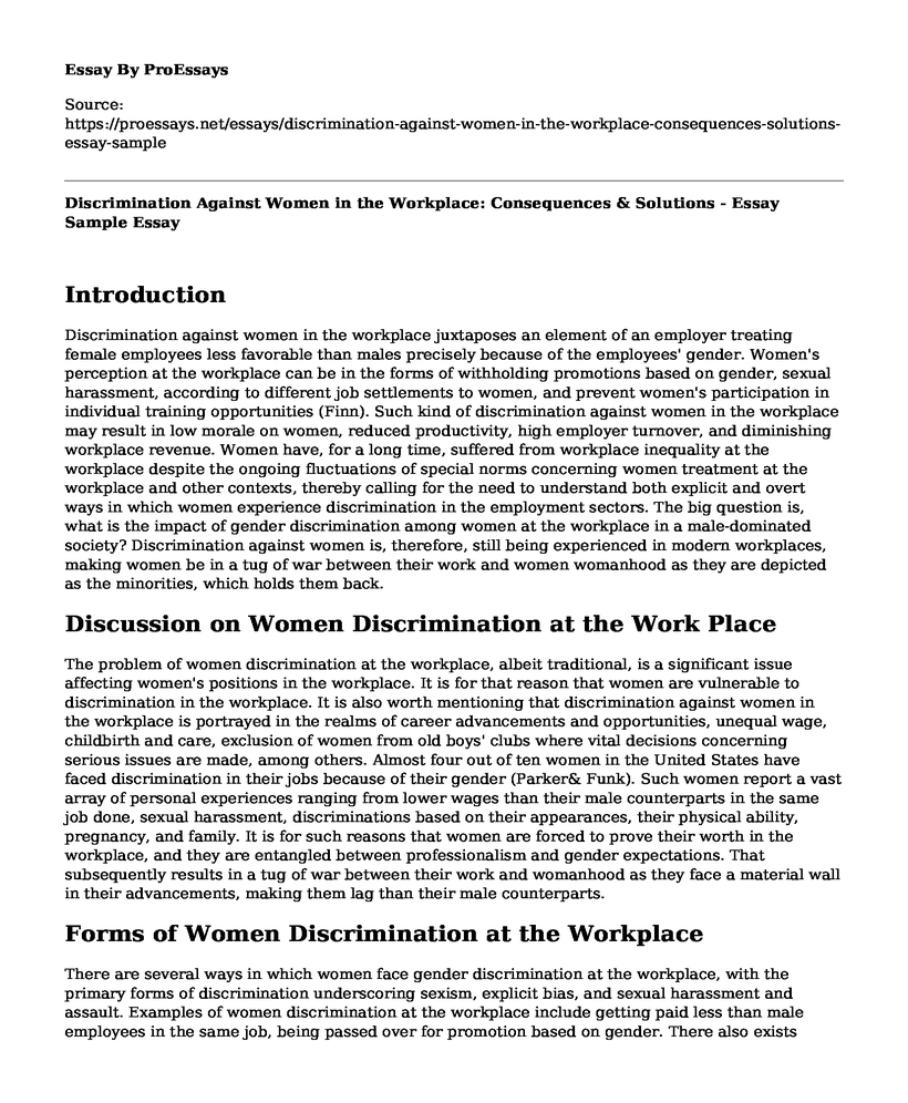 Discrimination Against Women in the Workplace: Consequences & Solutions - Essay Sample