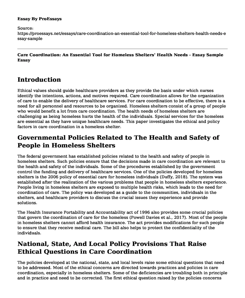 Care Coordination: An Essential Tool for Homeless Shelters' Health Needs - Essay Sample