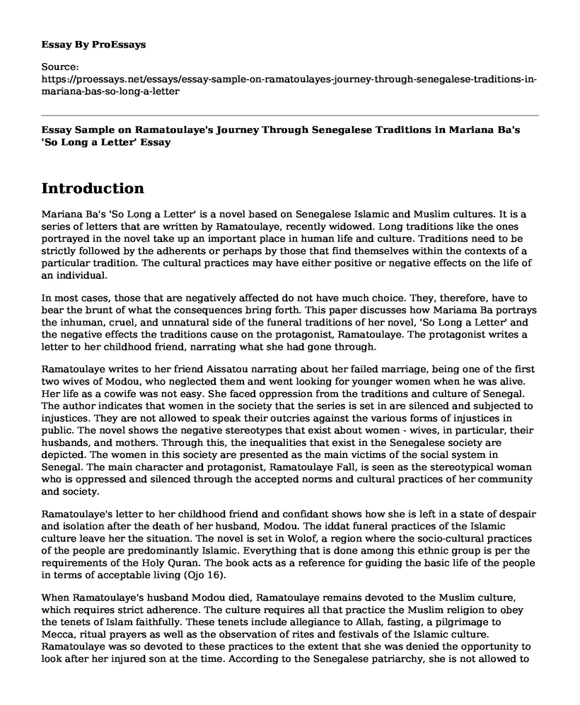 Essay Sample on Ramatoulaye's Journey Through Senegalese Traditions in Mariana Ba's 'So Long a Letter'