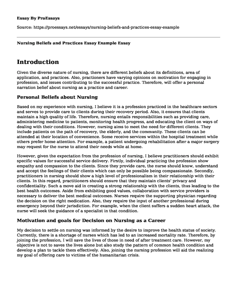 Nursing Beliefs and Practices Essay Example