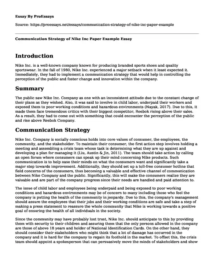 Communication Strategy of Nike Inc Paper Example