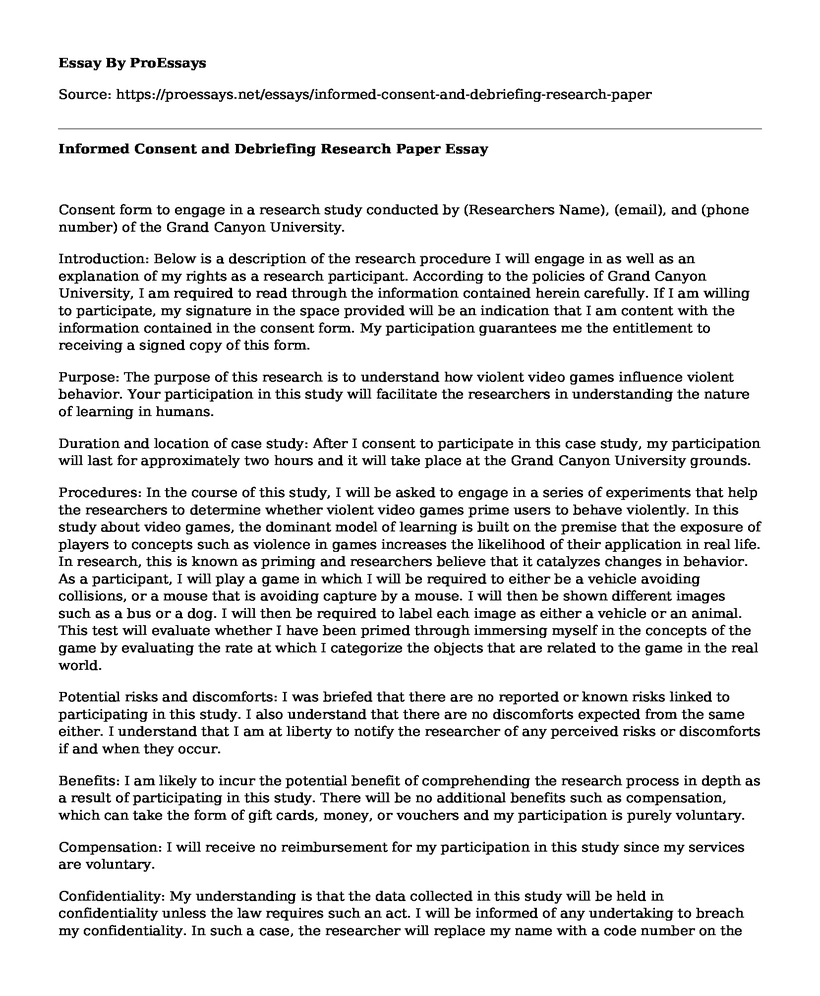 Informed Consent and Debriefing Research Paper