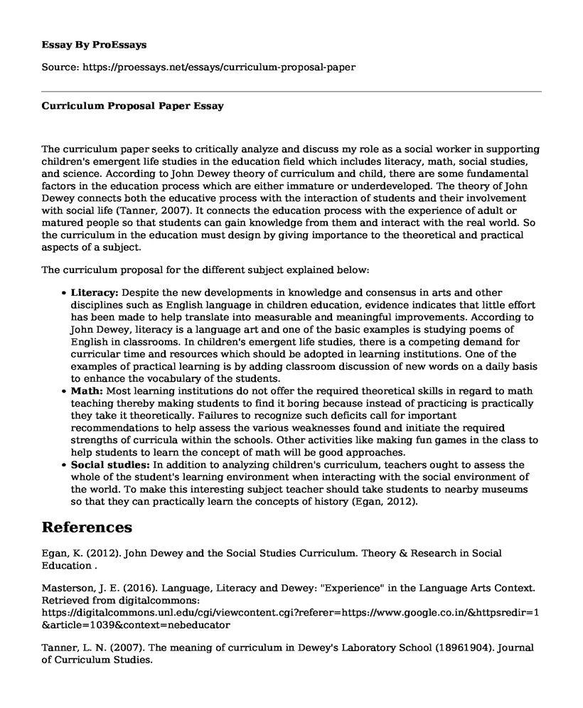 Curriculum Proposal Paper