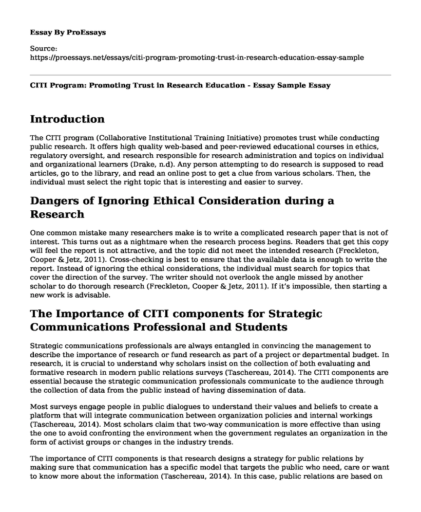 CITI Program: Promoting Trust in Research Education - Essay Sample