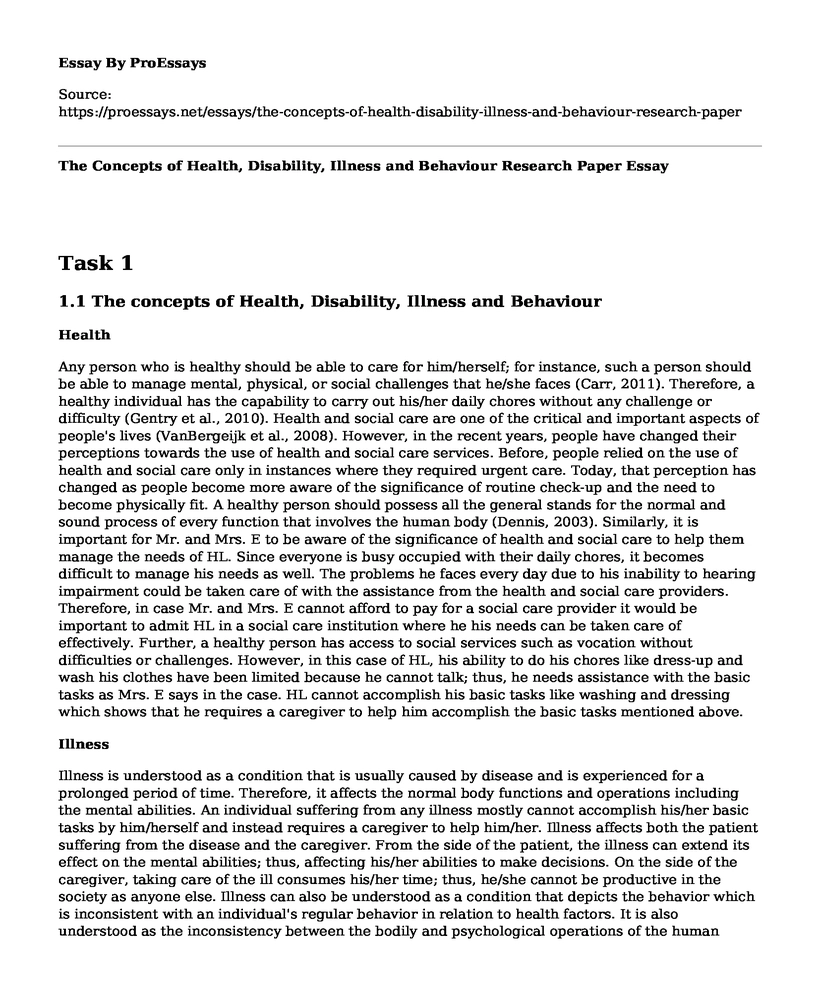 The Concepts of Health, Disability, Illness and Behaviour Research Paper