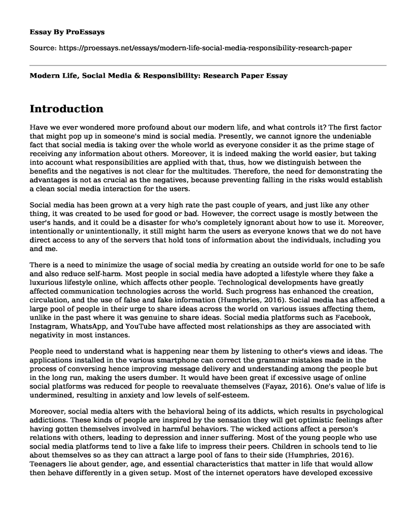 Modern Life, Social Media & Responsibility: Research Paper