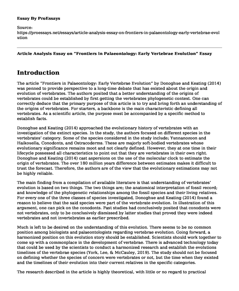 Article Analysis Essay on "Frontiers in Palaeontology: Early Vertebrae Evolution"