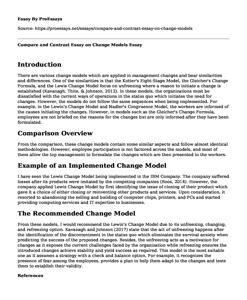 Compare and Contrast Essay on Change Models