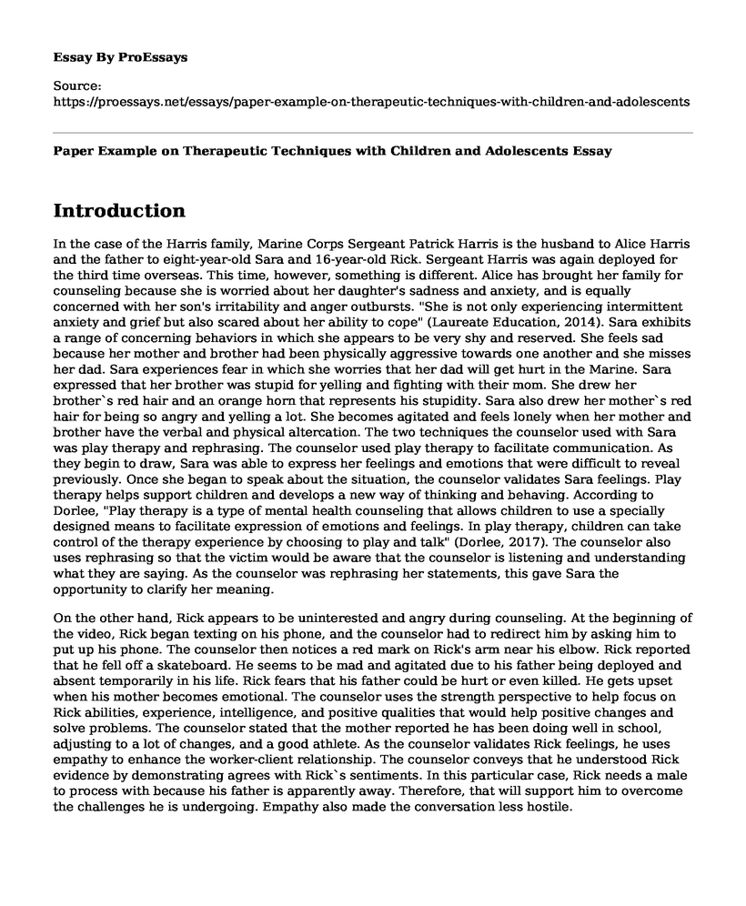Paper Example on Therapeutic Techniques with Children and Adolescents