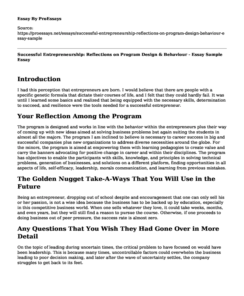 Successful Entrepreneurship: Reflections on Program Design & Behaviour - Essay Sample