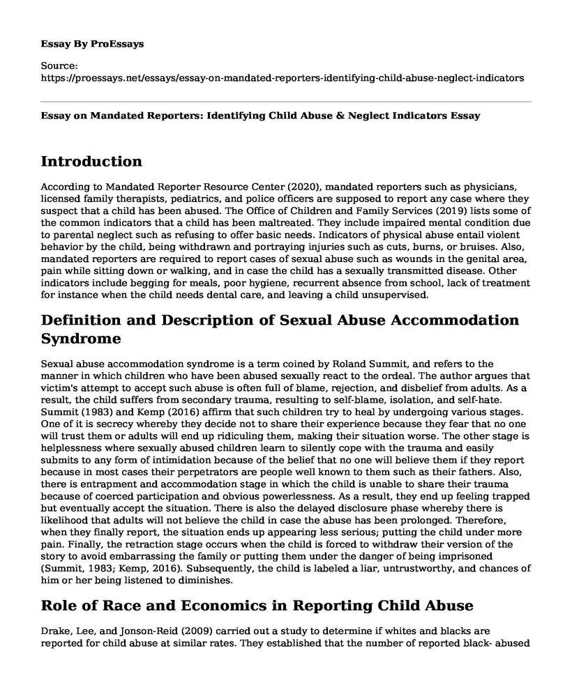 Essay on Mandated Reporters: Identifying Child Abuse & Neglect Indicators