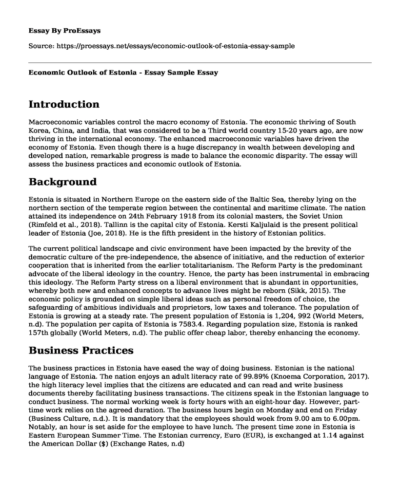 Economic Outlook of Estonia - Essay Sample